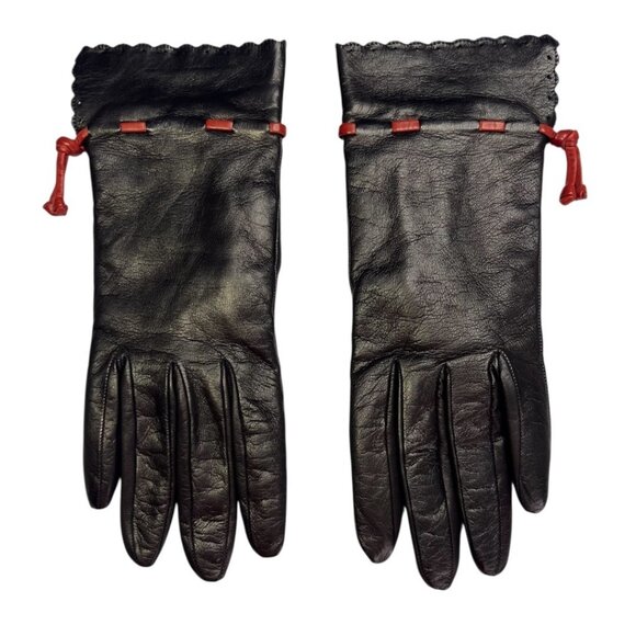 Portolano Women's Dark Brown Napa Leather Gloves 7.5 Cashmere Lined Cognac Tie - Picture 3 of 5